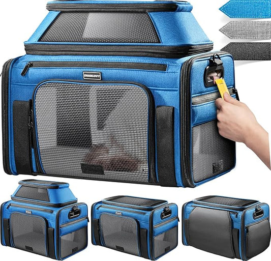 Top-Expandable Pet Carrier with Treat & Pet Window,17x11x9.5 Inch Alaska Hawaiian Airline Approved,Soft-Sided Dog Carrier for Small Dogs and Cats,Travel Cat Carrier with Locking Safety Zippers,Blue