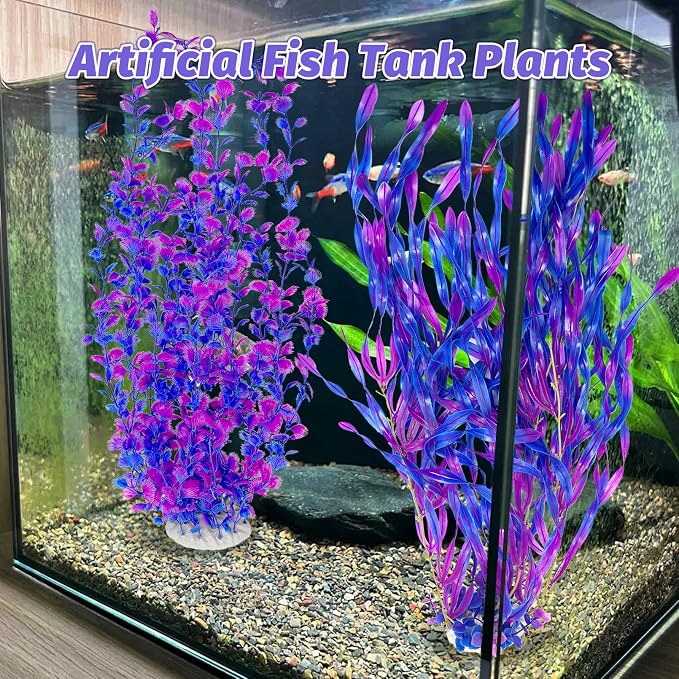 Hamiledyi Tall Aquarium Plants 23 Inches - Fish Tank Decorations, Artificial Green Water Plants Grass Cluster, Soft Plastic Fake Decor 2PCS（Purple Style C）