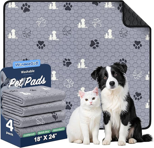 WanpeeGoo Washable Pee Pads for Dogs, 4 Pack Absorbent Reusable Training Dog Pads Pet Puppy Pads, Non-Slip Potty Pads for Whelping, Playpen, Crate, Bed, Grey 18"x24"