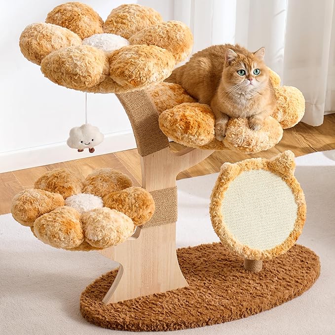 Aesthetic Flower Cat Tree Tower with Scratching Post for Indoor Cats, 37" Modern Cat Tree with Wood Sculpted Branch, Flower Cat Beds, Scratching Board & Interactive Squeaky Toy, Sunset Brown