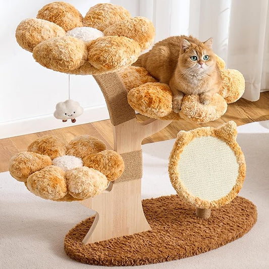 Aesthetic Flower Cat Tree Tower with Scratching Post for Indoor Cats, 37" Modern Cat Tree with Wood Sculpted Branch, Flower Cat Beds, Scratching Board & Interactive Squeaky Toy, Sunset Brown