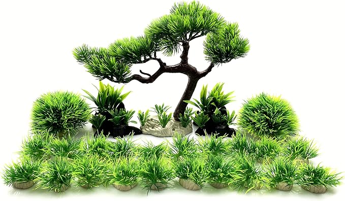 Artificial Aquarium Green Water Plants Tree Set 25 Pcs, Fish Tank Aquarium Decorations, Made of Soft Plastic, Safe for All Fish & Pets (Set 1)
