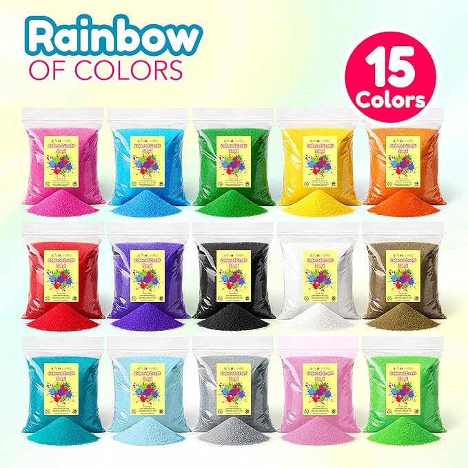 4E's Novelty 12 Lbs Colored Craft Sand -15 Colors, 0.8 lb Bags, Non-Toxic Fine Grain Decorative Sand Art for Kids Craft, Bottle & Vase Filler, Teachers Classroom Supplies