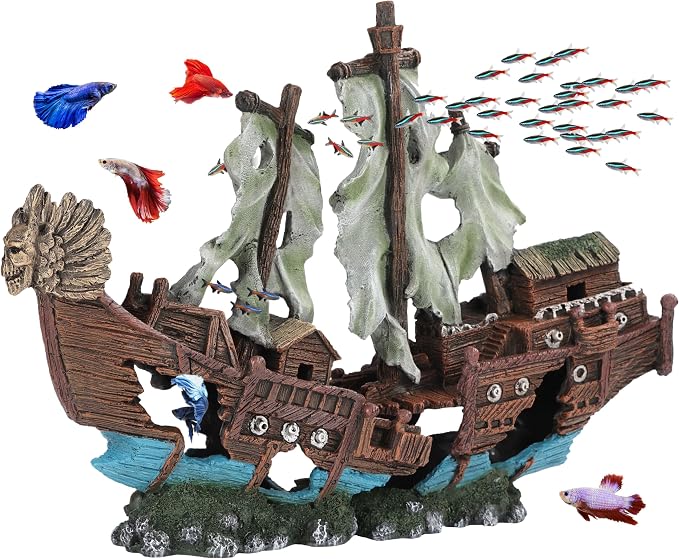 XXL Shipwreck Aquarium Large Decorations Ornament w/Sail (2 Pieces) 20 Gallons high and Larger Fish Tank, Sunken Ship Decoration Ornaments, Pirate Boat, Resin, Freshwater Saltwater Decor