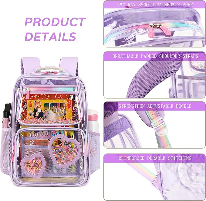 Clear Backpack for Girls,Clear Bookbag Heavy Duty Transparent Backpacks for Stadium Events, See Through Back Pack for Kindergarten Elementary Middle High School (Purple)