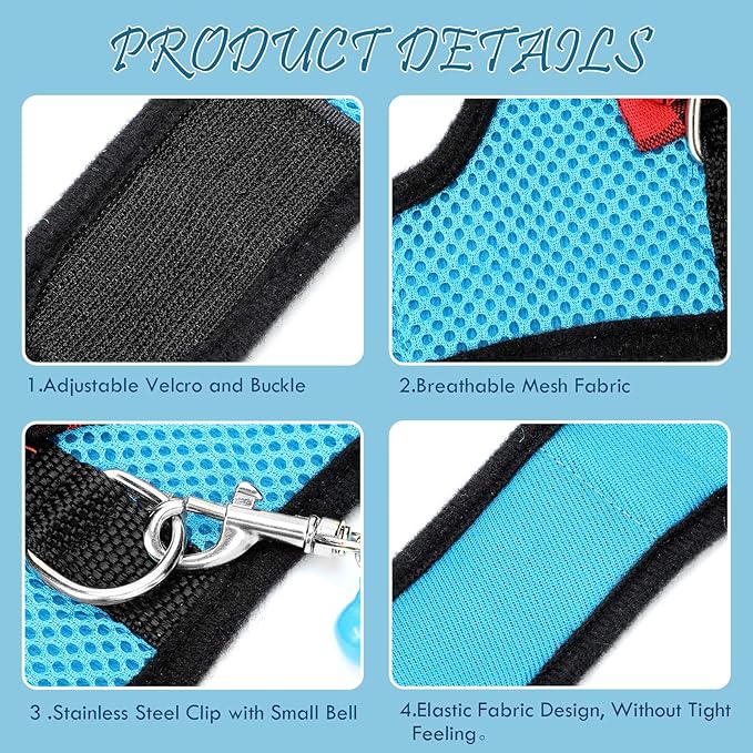 SATINIOR 2 Pieces Guinea Pig Bunny Harness Soft Mesh Hamster Rat Leash with Safe Bell, Ferret Pig Clothes and Leash Set for Hamster Ferrets Rats Bunny Guinea Chinchilla Teacup Chihuahua(M,Blue, Black)
