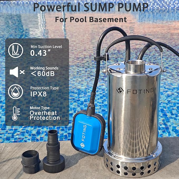 FOTING Full 304 Stainless Steel Sump Pump with Float Switch - 1HP 4600GPH Automatic Submersible Water Pump Fast Water Removal in Pools, Basements, Sewage, Hot Tubs Heater Flush Pit, ponds w/ 10FT Cord