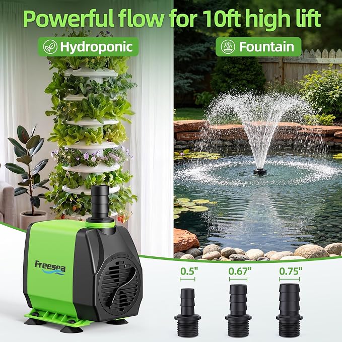 FREESEA 800GPH Small Pond Pump: Circulate 500-1200 Gallon Pond in 1-2 Hours | 24/7 Reliable Operation for Crystal Clear Water & Healthy Koi - 45W Quiet Motor with Adjustable Flow
