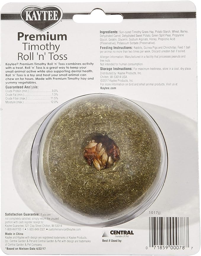 Kaytee Timothy Roll 'n' Toss Toy and Treat for Pet Rabbits, Guinea Pigs, and Chinchillas