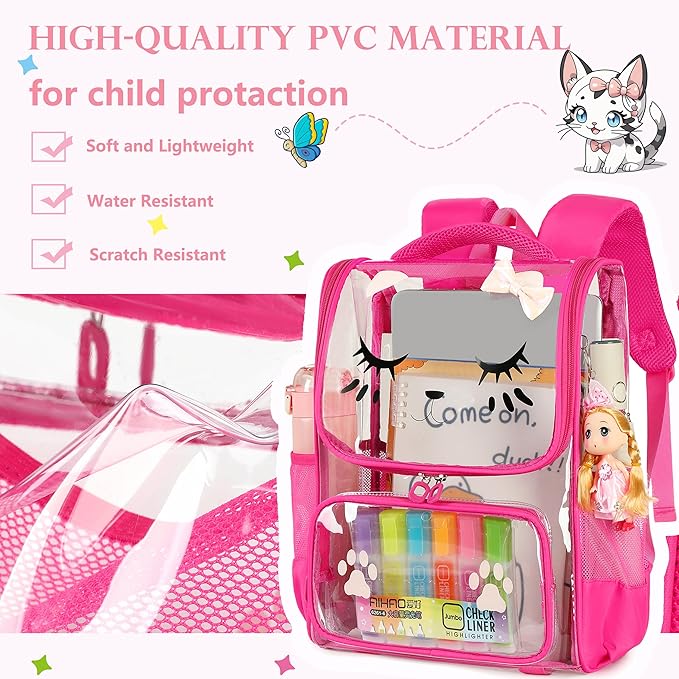 AO ALI VICTORY clear backpack Girls with Tote Bag Heavy Duty PVC Transparent Cute Backpack for Kids Toddler Preschool Bookbags Elementary School Bags See Through Casual Travel Daypack, Rose Red Set