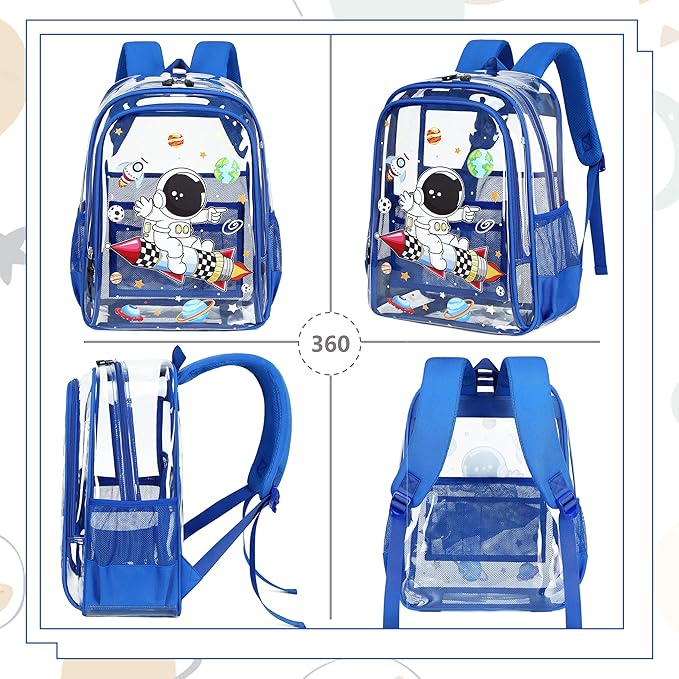 AO ALI VICTORY Clear Backpack for Boys Girls,15.6 Inch Kids Backpack Set with Lunch Bag Pencil Case PVC Elementary Bookbag for School Students See Through Transparent Travel Back Pack,Blue Astronaut