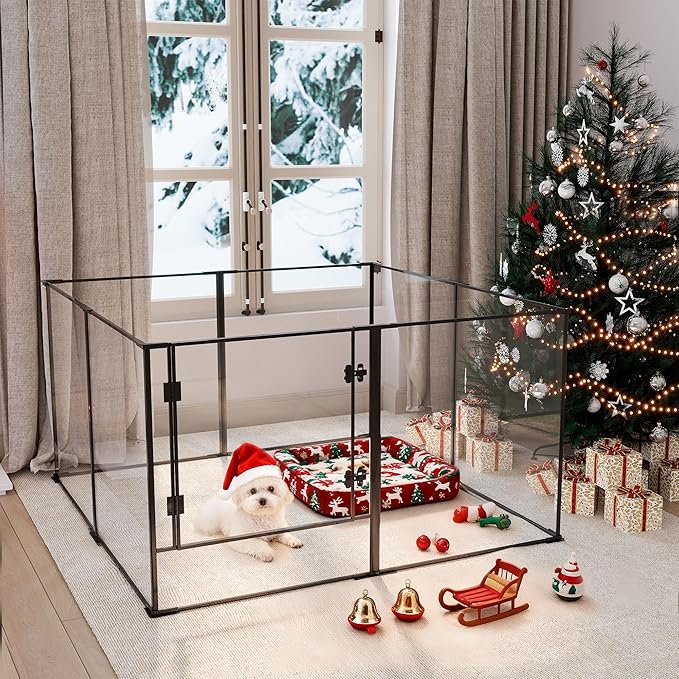 Acrylic Dog playpen Indoor: Clear Puppy Pen for Small Medium Dogs Cats with Metal Frame - 8panels 30inch Tall Transparent pet Fence with Door for Rabbits Guinea Pig