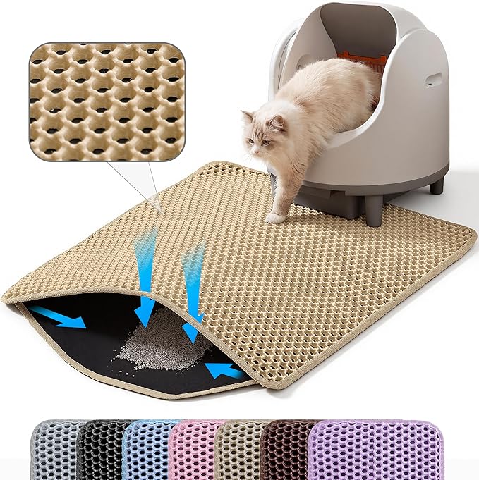 Jumbo Cat Litter Mat, 46x26 Inches Double Layer Honeycomb Litter Trapping Mat, Non Slip Waterproof Urine Proof Extra Large Cat Litter Box Mat, Kitten Supplies and Essentials, XXL, Beige