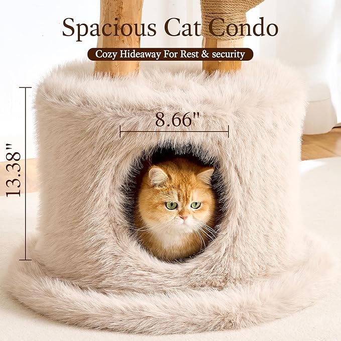 HITTITE Natural Wood Cat Tree Tower with Scratching Post, 53.5 Inches Tall Modern Cat Tower with Cozy Bed and Condo, Luxury Real Branch Cat Tree for Indoor Cats Large Adult, Khaki.