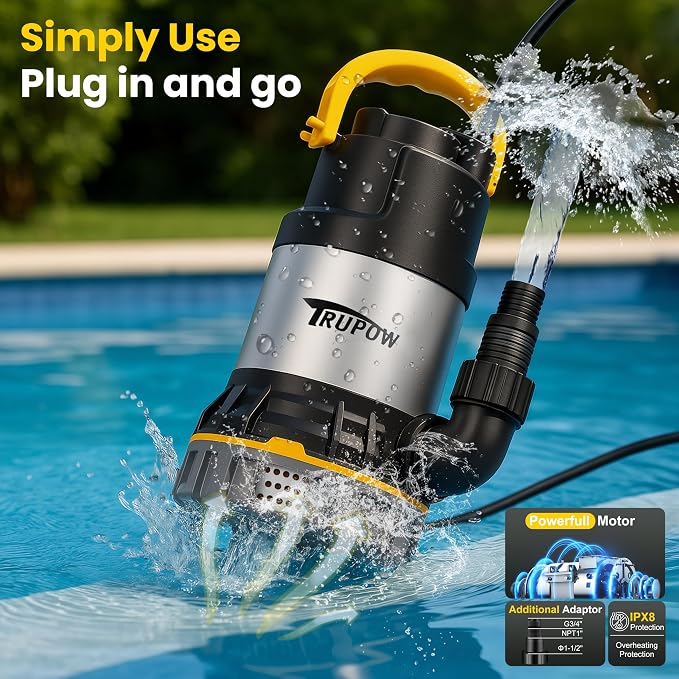 1 HP Sump Pump 4000 GPH Clean/Dirty Stainless Steel Submersible Water Pump Portable Electric Utility Pump with Folding Handle for Swimming Pool Garden Basement Tub Pond Draining