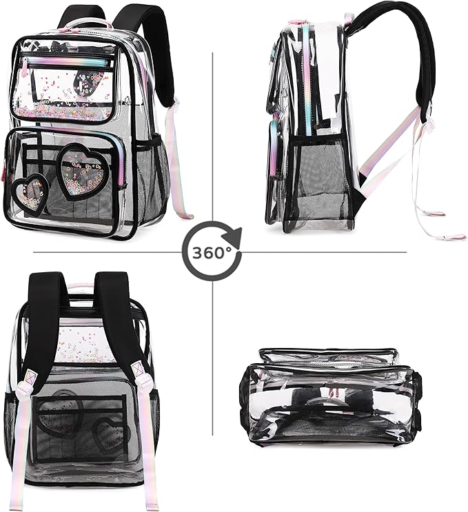 Clear Backpack for Girls,Clear Bookbag Heavy Duty Transparent Backpacks for Stadium Events, See Through Back Pack for Kindergarten Elementary Middle High School (Black)