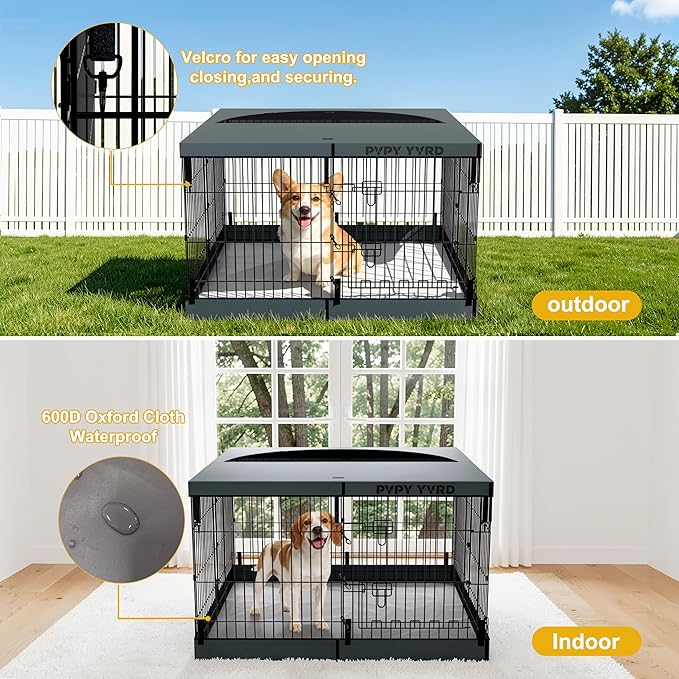 Dog Playpen with Top Cover and Bottom Pad - Foldable Metal Puppy Play Pen,24x30in 8 Panels Dog Playpen with Door for Indoor Outdoor,Heavy-Duty Pet Exercise Fence for Small Medium Animals