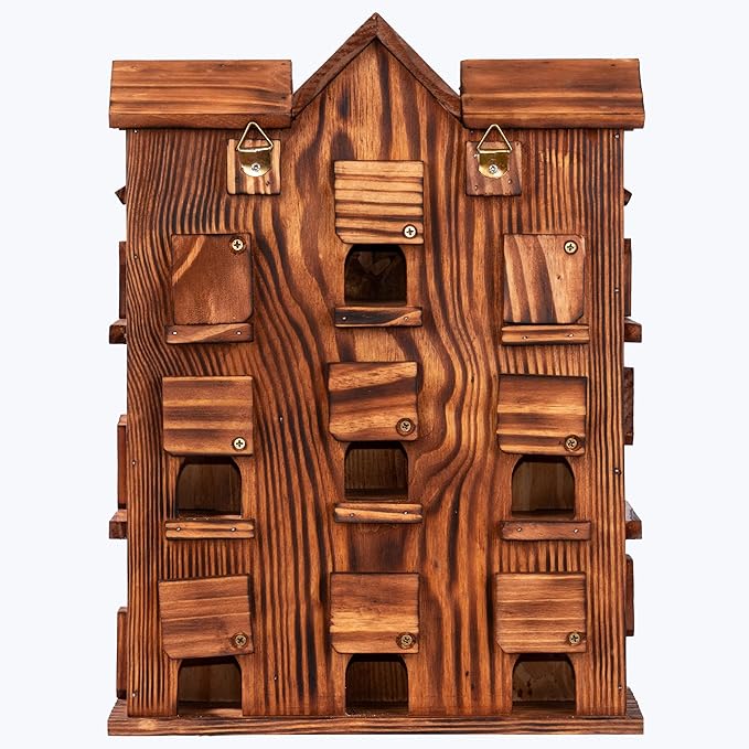 MIXUMON Wooden Bird Houses for Outside – 15 Rooms Multi-Chamber Bird House, Carbonized Pine Rustic Finish, 1.57" Entrance Holes, Individual Cleaning Doors, Decorative Outdoor Bird Nesting Box