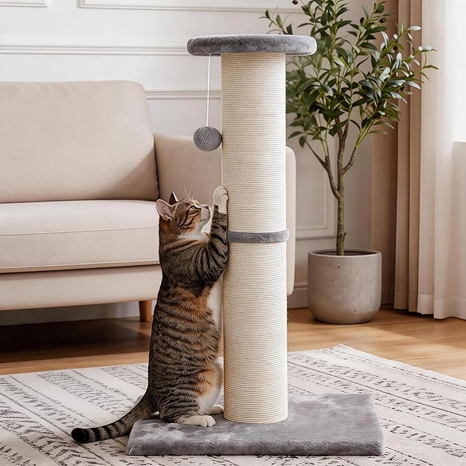 PAWSCRAT Cat Scratching Post 32" Tall, Large Diameter Natural Sisal Cat Scratch Post with Dangling Ball for Indoor Cats, Scratch-Resistant Durable and Protect Your Furniture, LightGrey