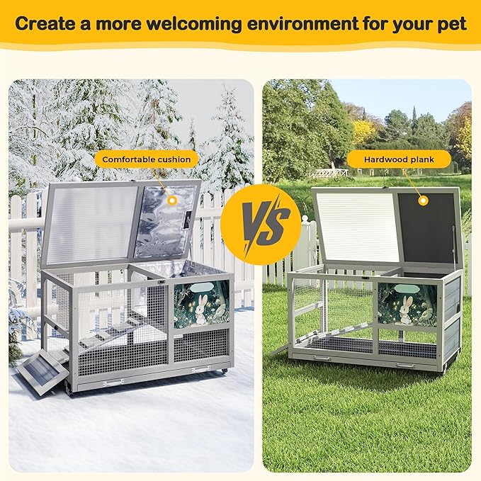 COZIWOW 36.5-Inch Double-Decker Wooden Insulated Rabbit Hutch with Wheels, Heated Rabbit Cage Featuring A Cleaning Tray and Ladder—Stylish&Easy to Assemble（Grey and Warm）