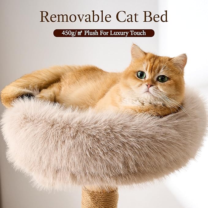 HITTITE Natural Wood Cat Tree Tower with Scratching Post, 53.5 Inches Tall Modern Cat Tower with Cozy Bed and Condo, Luxury Real Branch Cat Tree for Indoor Cats Large Adult, Khaki.