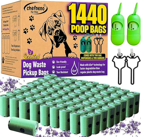Doggy Poop Bags Biodegradable with Dispenser (1440 Bags) Eco-friendly Dog Waste Pickup Bags Landfill-friendly Refill Rolls Cat Waste Bags (Green, 72 Rolls, Lavender Scented)