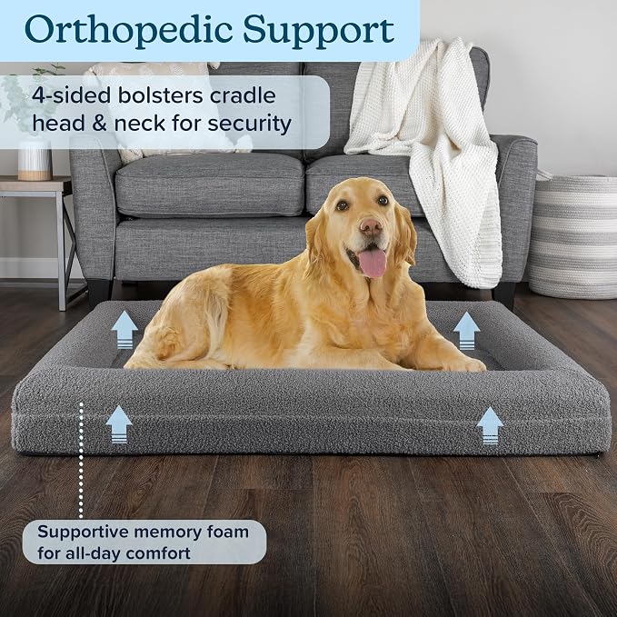 Orthopedic Dog Bed - 45x36 Inch Large Dog Bed with Supportive Bolster, Nonslip Bottom, and Removable Washable Cover - Memory Foam Pet Beds for Large Dogs - Pet Products by PETMAKER (Gray)