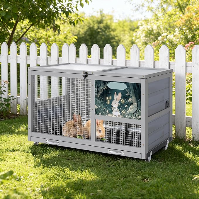 COZIWOW 36.5-Inch Double-Decker Wooden Insulated Rabbit Hutch with Wheels, Heated Rabbit Cage Featuring A Cleaning Tray and Ladder—Stylish&Easy to Assemble（Grey and Warm）