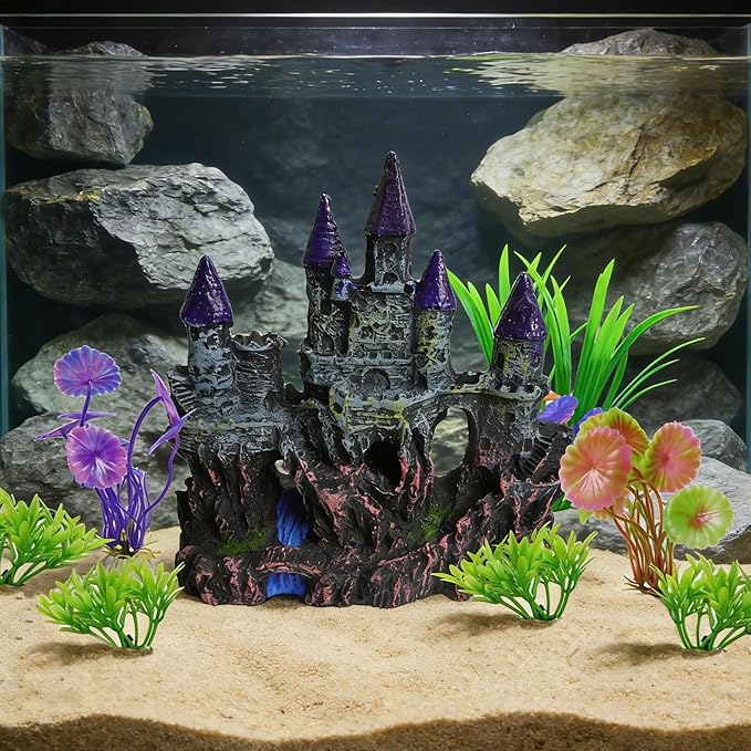 Aquarium Resin Castle Decor with 7 Pcs Artificial Plastic Plants, Fish Tank Decorations Accessories Set Landscaping Ornaments for Betta Guppies Shrimp Hideout Cave