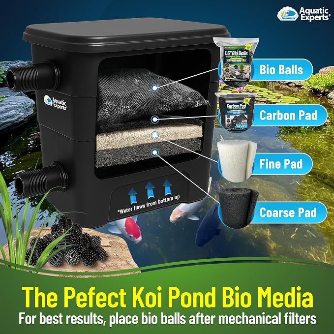 Aquatic Experts 1.5" Large Bio Balls for Ponds – Biological Filter Media for Waterfalls & Outdoor Pond Filters, Treats Up to 330 Gallons (100 Count + 10" x 12" Mesh Bag)