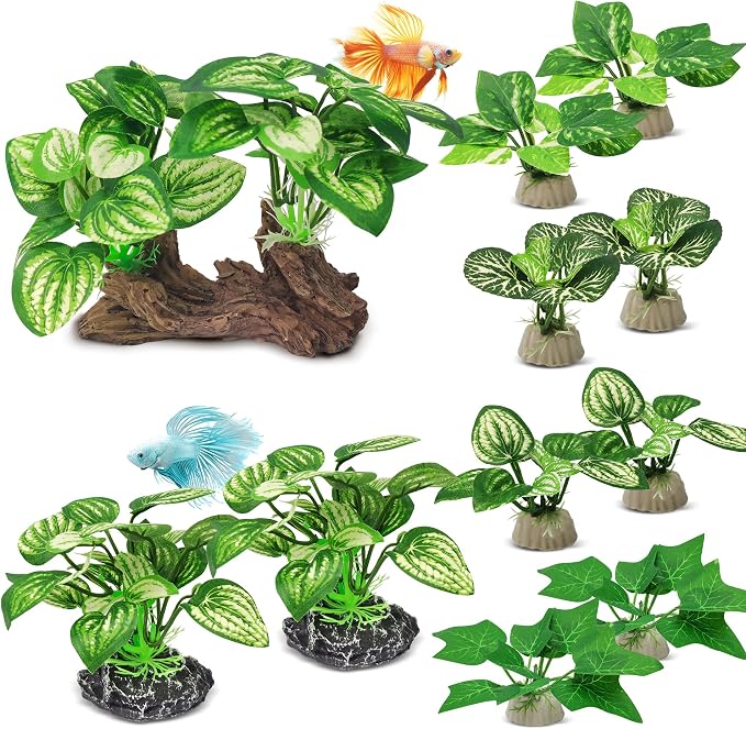 GOZILLA Silk Fish Tank Plants,Reptile Artificial Plant,Reptile Plants for Terrarium,Aquarium Decorations Accessories Set,Resin Driftwood Artificial Silk Aquarium Plant for Fish Tank.(11PCS/B-Set)