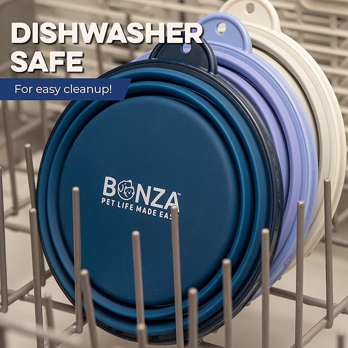 Bonza Collapsible Dog Bowls - Medium 25 oz, Dog Travel Accessories, Silicone Portable Dogs Bowl & Water Dish with Reinforced Rim & Carabiner for Hiking, Camping, and Car Trips, Light Gray