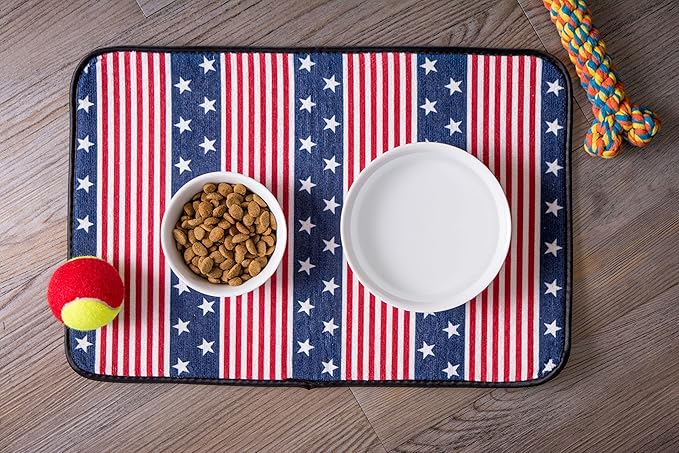 Bone Dry Ceramic Food & Water Bowls for Pets Non-Slip for Secure, Less Messy Feeding, Microwave & Dishwasher Safe, Large Set, 7.5x2.4", Stars and Stripes, 2 Count