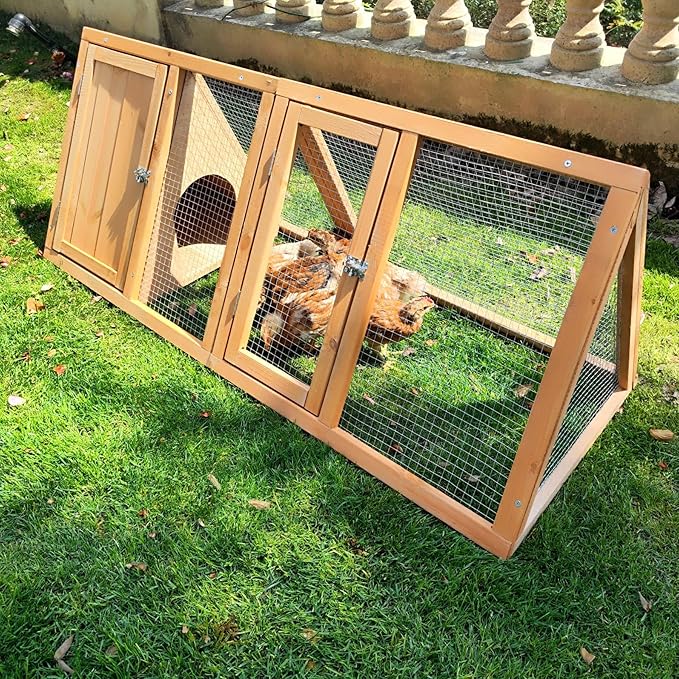 Rabbit Hutch Outdoor Chicken Coop Run A-Frame Bunny Cage Wooden Quail Cage w/ 2 Door & Ventilated Wire Fence Small Animal Cage for Garden Backyard Farms 47 x 18 x 19.5 in
