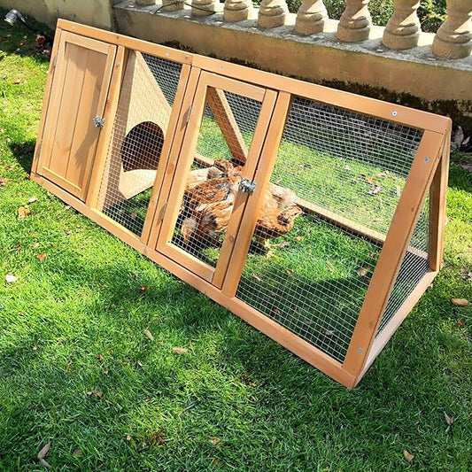 Rabbit Hutch Outdoor Chicken Coop Run A-Frame Bunny Cage Wooden Quail Cage w/ 2 Door & Ventilated Wire Fence Small Animal Cage for Garden Backyard Farms 47 x 18 x 19.5 in