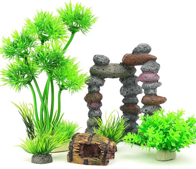 Fish Tank Decorations Artificial Small Resin Hideout Cave Plants | Resin hideout cave for fish tank decor, 6pcs aquarium decoration with lifelike plants, reduce stress for small tropical fish