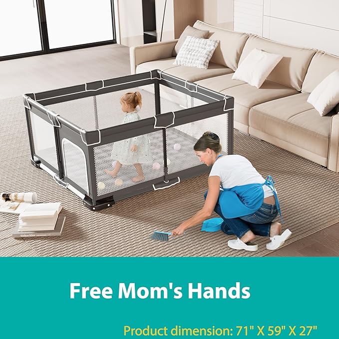 ICAREWAY Foldable Playpen for Babies and Toddlers, 59x71 Inches Portable Playpen, Kids Collapsible Play Pen with 2 Handlers, Indoor & Outdoor Baby Fence Play Area with Visible Mesh, Dark Gray