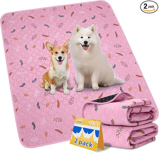 Sunheir Washable Pee Pads for Dogs Large 48" x 48" 2-Pack Reusable Puppy Pads Pet Training Pads, Absorb Dog Mats, Whelping Pad, Non-Slip Protects Against Urine Leakage (Leaves - Pink, 48x48)