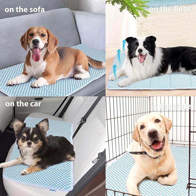 Cooling Dog Mat Q-Max>0.5 - Rapid Cooling Tech, Thin Breathable Crate Pad, Portable Washable Summer Mat, Chill Soothing Fabric - 35"x23" Large Dog, Blue