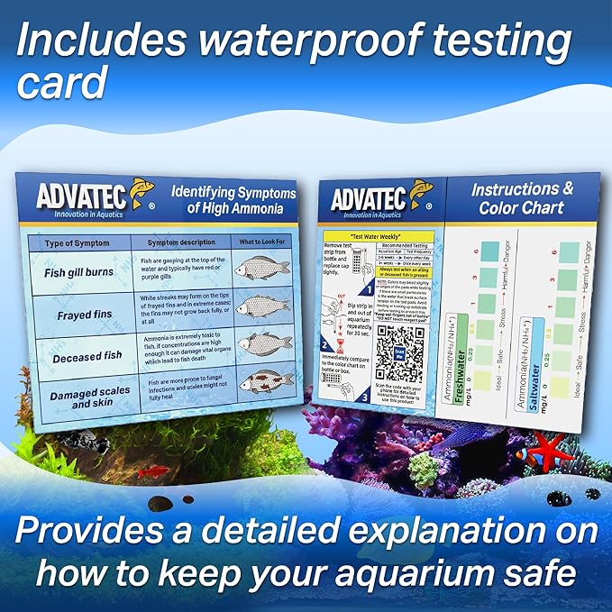 Ammonia Test Strips for Freshwater & Saltwater Fish Tank - Testing Strips for Fresh & Salt Water Aquarium - Lab Grade Water Tester Kit - 100 Count