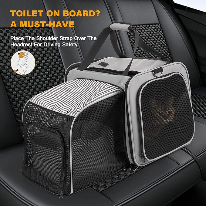 Cat Carrier with Litter Box, Soft Cat Travel Carrier with Food Carrier, Expandable Portable Cat Carrier for Car Travel, up to 20 lbs for Road Trip, Camping, Hiking, Gray