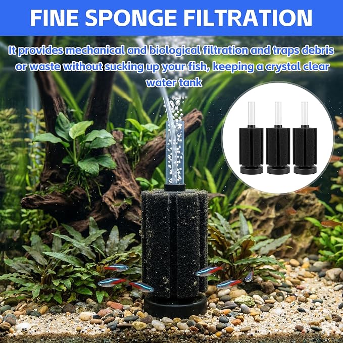 3 Pack Aquarium Bio Sponge Filter for Fish Tanks Up to 20 Gallons | Gentle flow sponge filter, perfect for betta, fry, shrimp and small fish, biological filtration for small aquarium tanks
