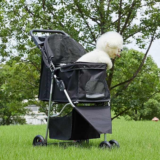 NEWBULIG 3 Wheel Pet Stroller for Dogs and Cats, Foldable, Lightweight and Durable, Ideal for Small to Medium Pets, Includes Storage Basket and Cup Holders
