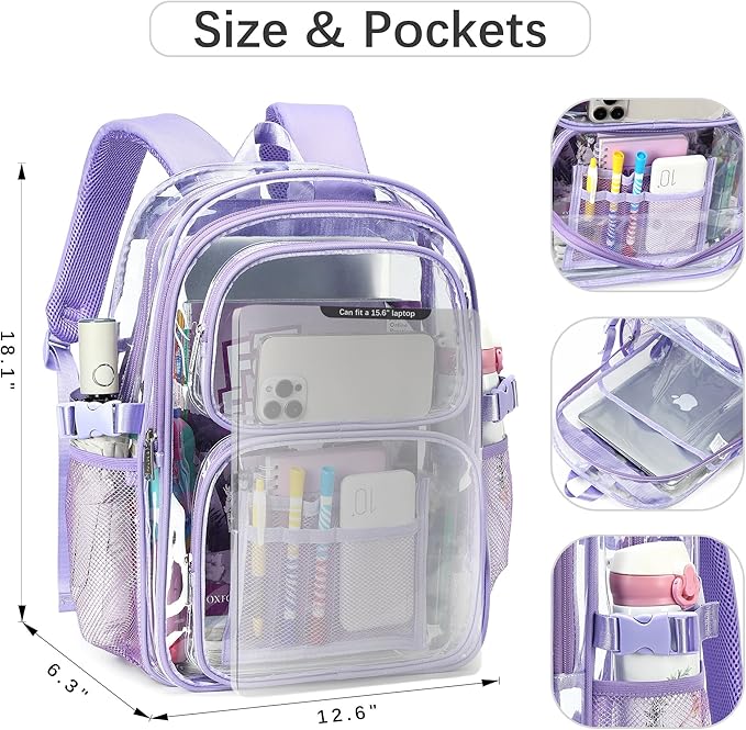 abshoo Large Heavy Duty Girls Clear Backpack for School Bookbag Transparent Multi Pocket Backpacks for Women (Purple)