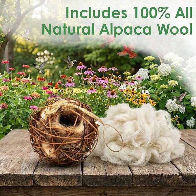 Round Vine Bird Nesting Material Ball with All Natural Alpaca Wool for Wild Bird Houses