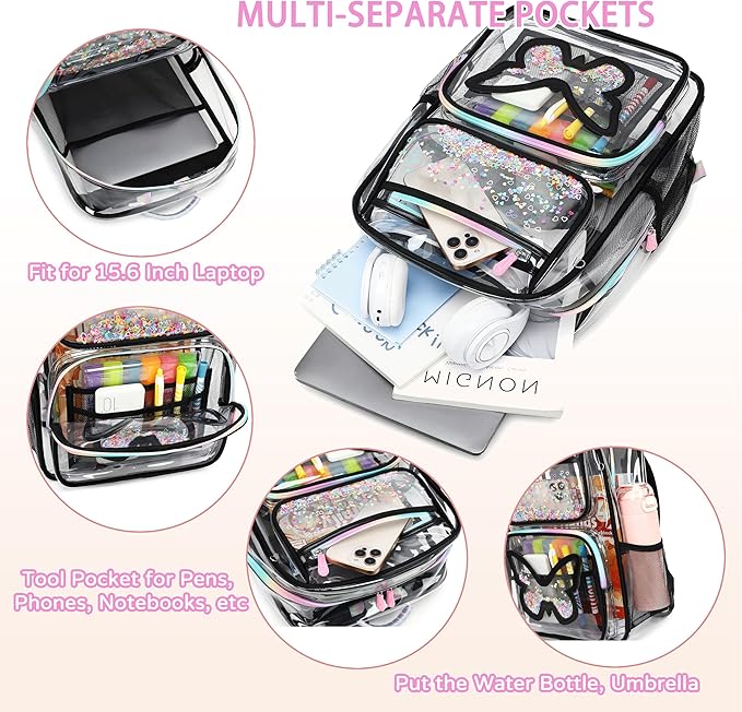 Clear Backpack for School,Large Bookbag Heavy Duty See Through Butterfly Backpacks for Girls Stadium Approved Daypack Transparent Shoulder Bags for Students,Teens,Women,Work,Travel,Concert Black