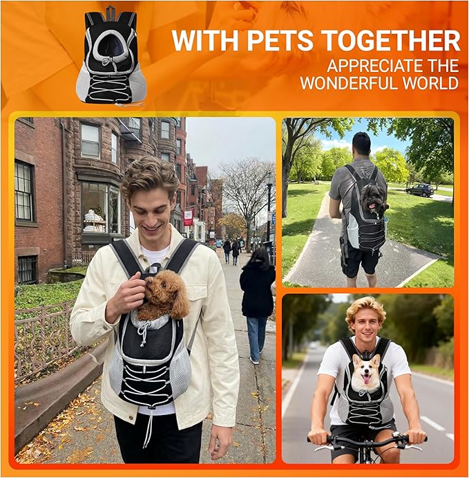 Breathable Dog Carrier Backpack for Small Dogs 2-15 lbs, Front & Back Carry Puppy Backpack with Head-Out Design for Hiking Walking, Black Grey (S)