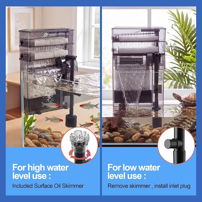 3-Tier Wet-Dry Hang-On-Back HOB Aquarium Power Filter, Multi-Stage Filtration with Oil Skimmer and One-Click Drain, Quiet Pump for 20-75 Gallon Freshwater Saltwater Fish Tank & Turtle Habitats