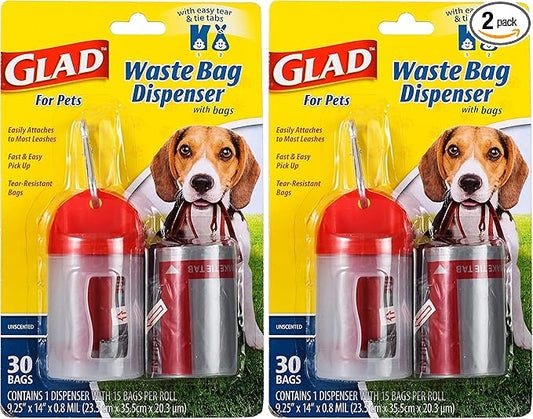 Glad for Pets Extra Large Unscented Heavy Duty Dog Waste Bags with Dispenser and Metal Clip | Plastic Disposable Poop Bags for Dogs, Easy to Use for Dog Walking, 30 Count (Pack of 2)