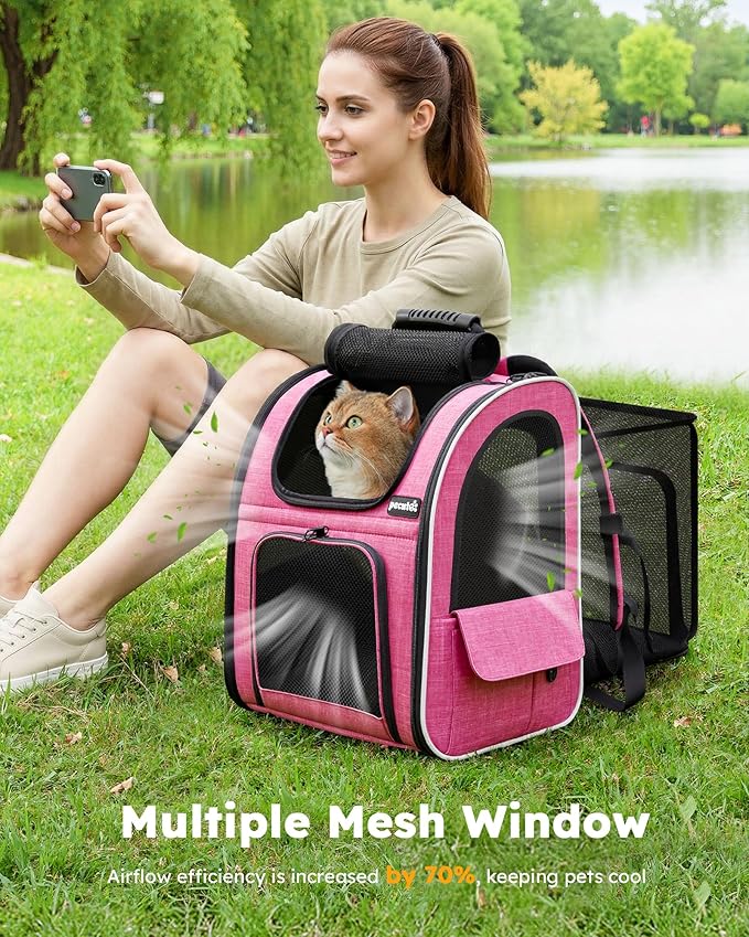 Pecute Cat Backpack Carrier Expandable, Pet Backpack for Cats & Small Dogs Up to 11lbs, with 4-Side Breathable Mesh, Multi-Entry & Lockable Zippers for Travel, Hiking, Camping - Hands Free, Pink